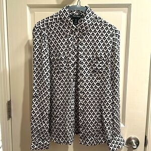 WHBM Black and White Geometric Print Silk Blouse, Size 0